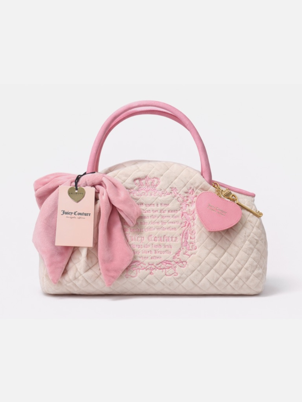 Juicy Couture Quilted Pink & White Satchel with Bow Accent, Heart Charm